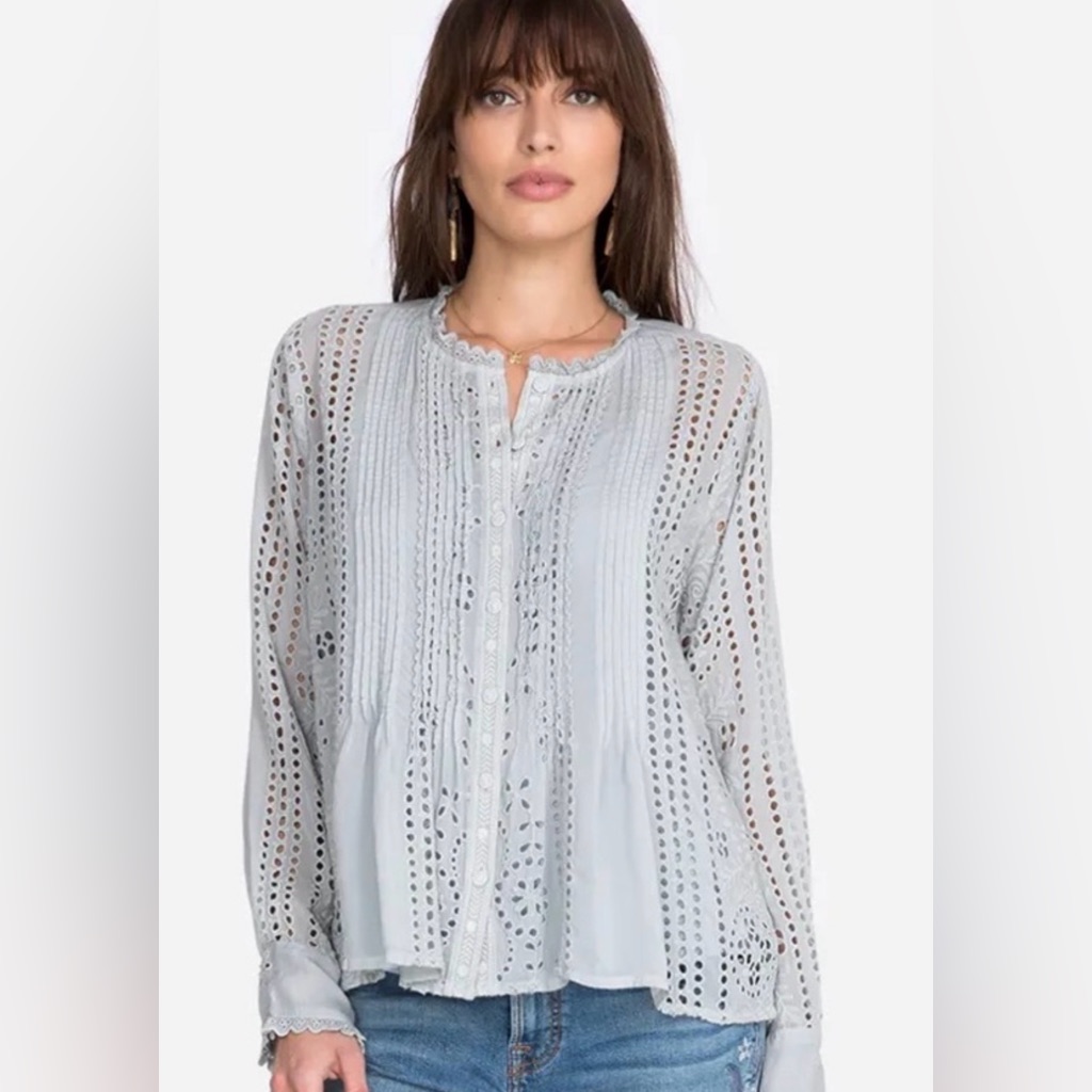 Johnny Was Light Gray Sveta Eyelet Button Down Shirt- Nwot